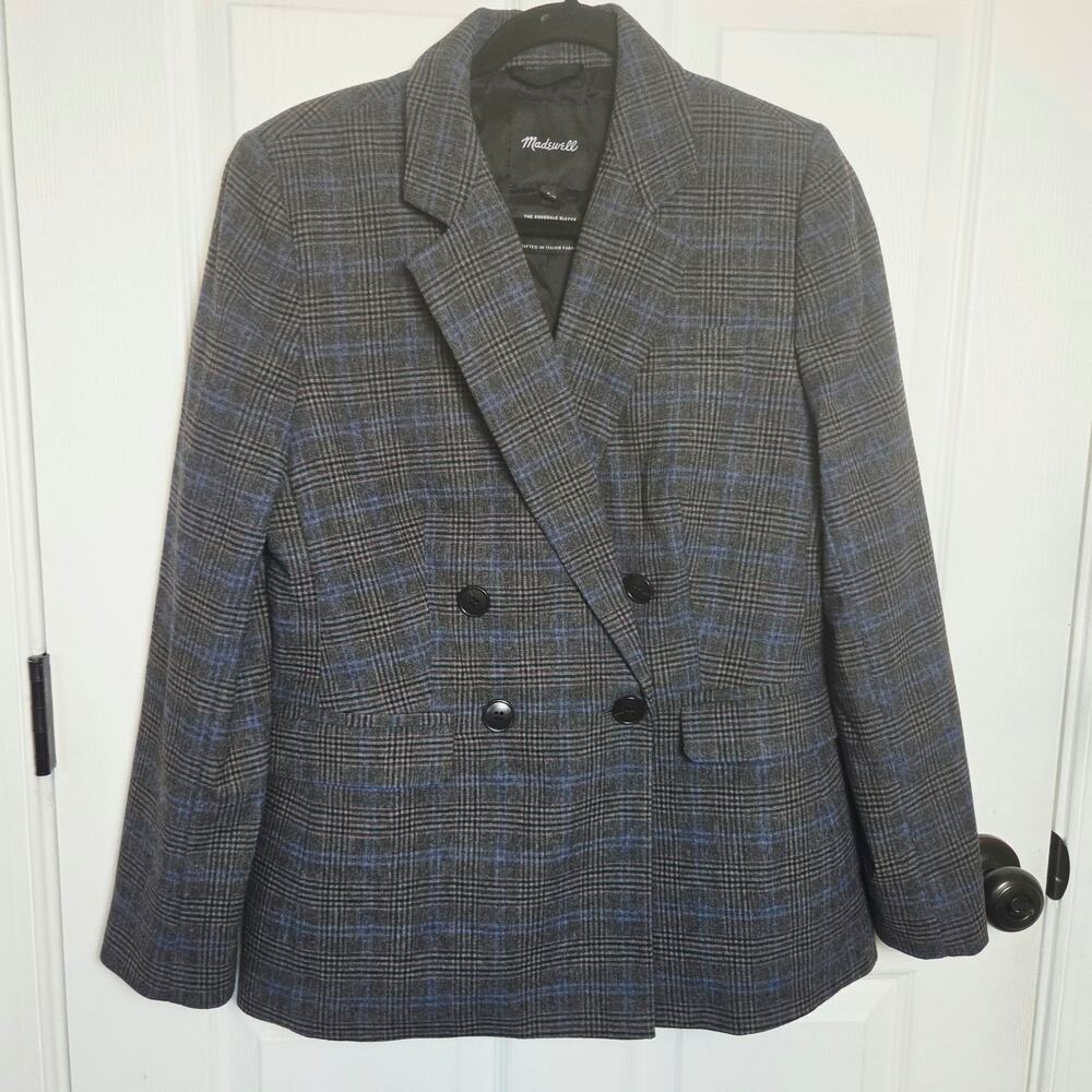 Madewell Rosedale Blazer Womens 6 Gray Plaid Wool Double Breasted Jacket Lined